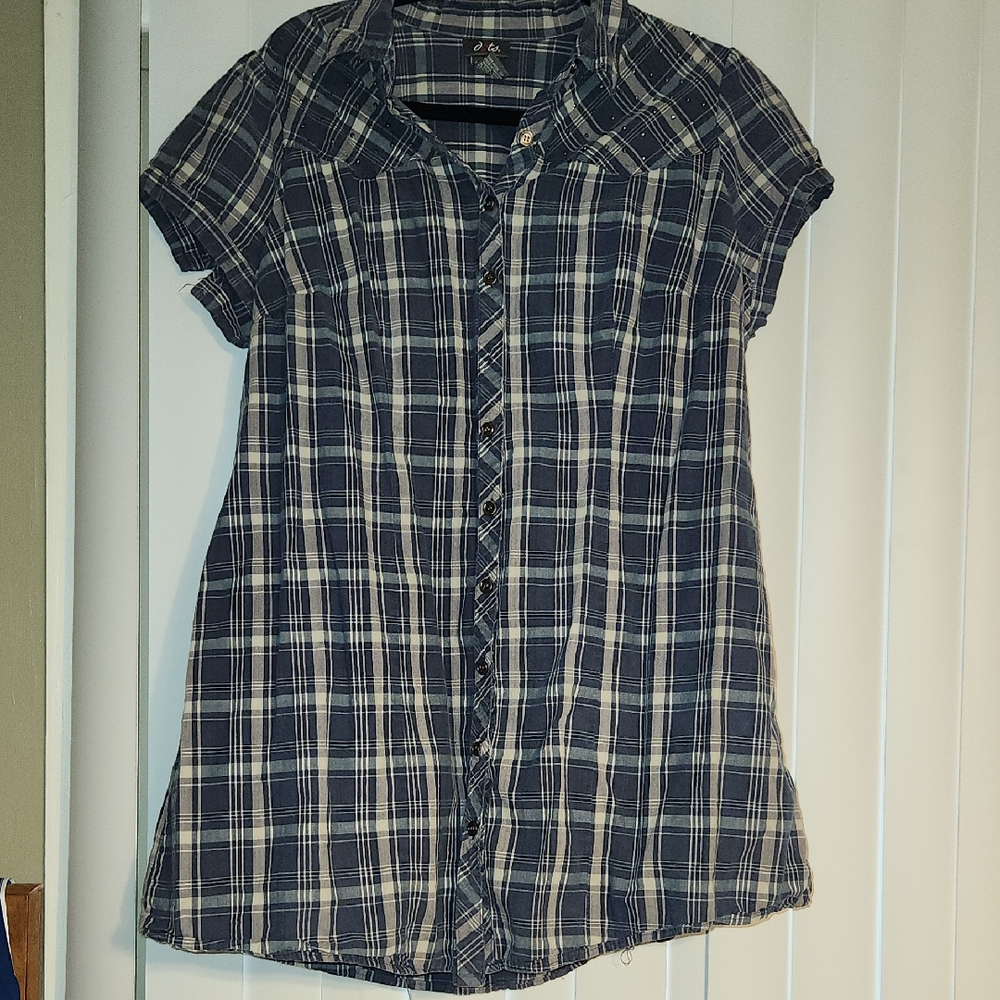 Dots Blue and White Plaid Button Down Shirt